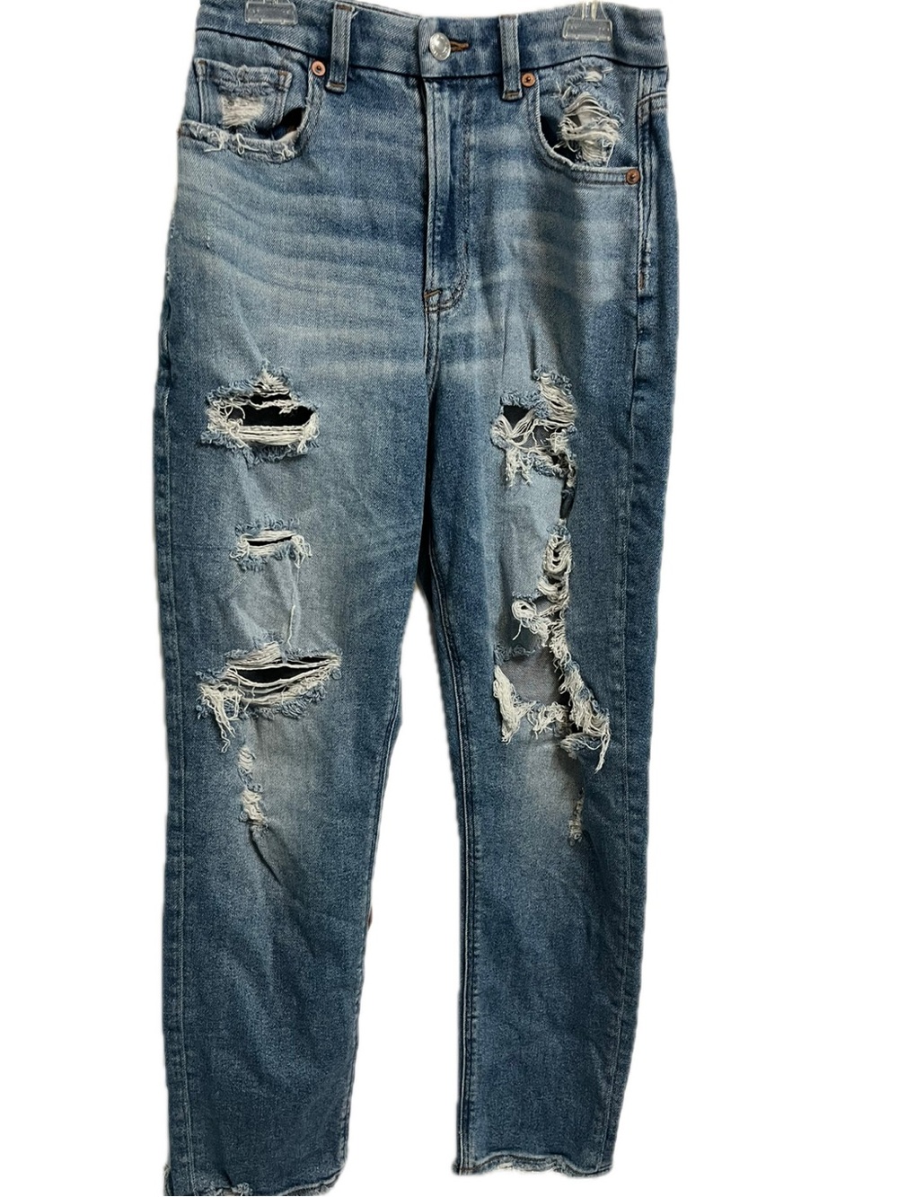 American Eagle Curvy Mom Jeans Stretch Medium Wash Distressed Denim Size 2